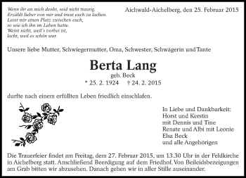 Traueranzeige von Berta Lang von Eßlinger Zeitung/Cannstatter Zeitung