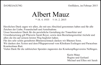 Traueranzeige von Albert Mauz von Eßlinger Zeitung/Cannstatter Zeitung