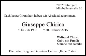 Traueranzeige von Giuseppe Chirico von Eßlinger Zeitung/Cannstatter Zeitung