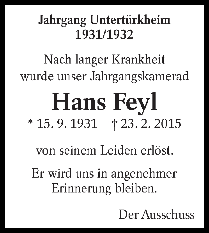  Traueranzeige für Hans Feyl vom 03.03.2015 aus Eßlinger Zeitung/Cannstatter Zeitung