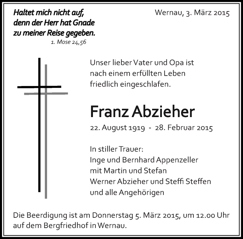  Traueranzeige für Franz Abzieher vom 03.03.2015 aus Eßlinger Zeitung/Cannstatter Zeitung