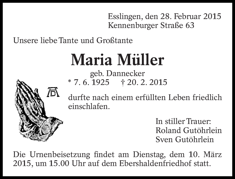  Traueranzeige für Maria Müller vom 28.02.2015 aus Eßlinger Zeitung/Cannstatter Zeitung