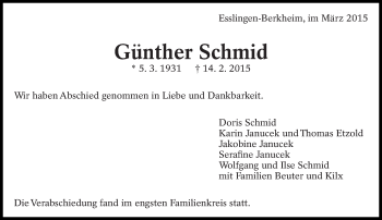 Traueranzeige von Günther Schmid von Eßlinger Zeitung/Cannstatter Zeitung