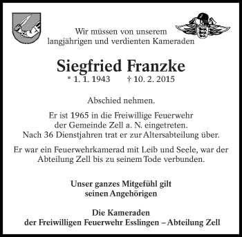 Traueranzeige von Siegfried Franzke von Eßlinger Zeitung/Cannstatter Zeitung