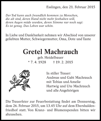 Traueranzeige von Gretel Machrauch von Eßlinger Zeitung/Cannstatter Zeitung