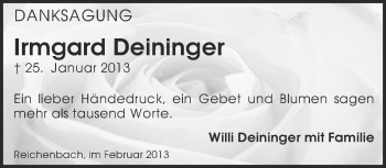 Traueranzeige von Irmgard Deininger von Eßlinger Zeitung/Cannstatter Zeitung