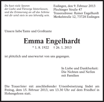 Traueranzeige von Emma Engelhardt von Eßlinger Zeitung/Cannstatter Zeitung