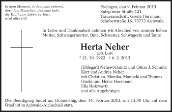 Traueranzeige von Herta Neher von Eßlinger Zeitung/Cannstatter Zeitung