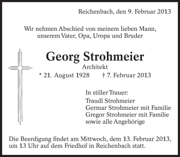 Traueranzeige von Georg Strohmeier von Eßlinger Zeitung/Cannstatter Zeitung