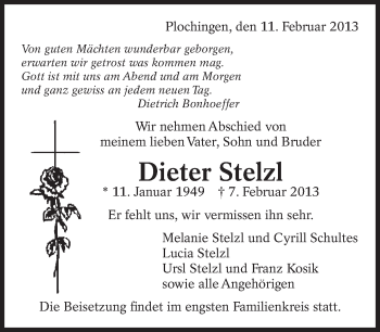 Traueranzeige von Dieter Stelzl von Eßlinger Zeitung/Cannstatter Zeitung