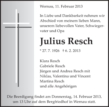 Traueranzeige von Julius Resch von Eßlinger Zeitung/Cannstatter Zeitung