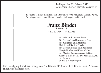 Traueranzeige von Franz Binder von Eßlinger Zeitung/Cannstatter Zeitung