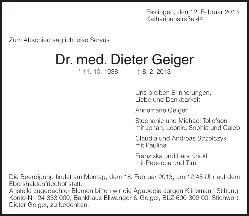  Traueranzeige für Dieter Geiger vom 12.02.2013 aus Eßlinger Zeitung/Cannstatter Zeitung