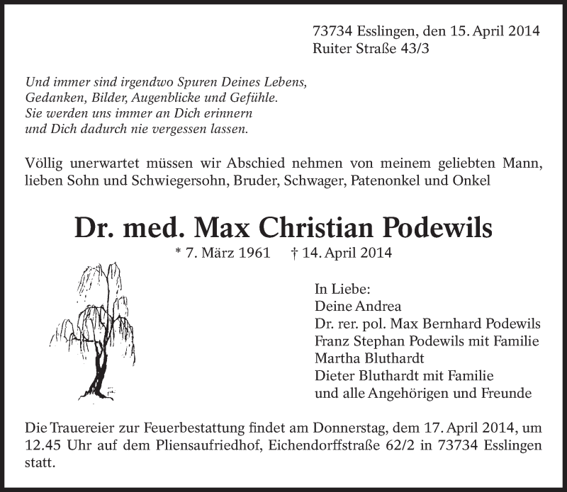  Traueranzeige für Max Christian Podewils vom 15.04.2014 aus Eßlinger Zeitung/Cannstatter Zeitung