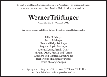 Traueranzeige von Werner Trüdinger von Eßlinger Zeitung/Cannstatter Zeitung
