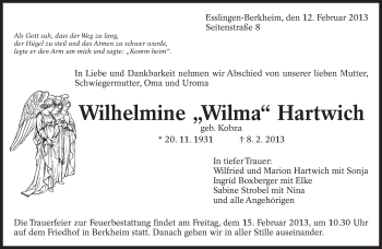 Traueranzeige von Wilhelmine Hartwich von Eßlinger Zeitung/Cannstatter Zeitung