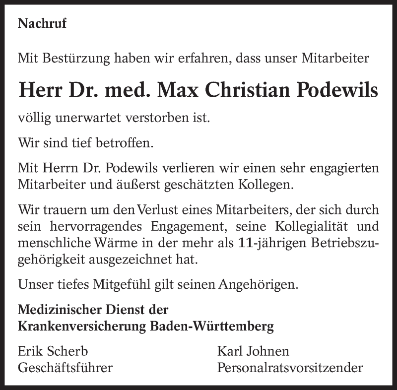  Traueranzeige für Max Christian Podewils vom 19.04.2014 aus Eßlinger Zeitung/Cannstatter Zeitung