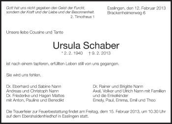 Traueranzeige von Ursula Schaber von Eßlinger Zeitung/Cannstatter Zeitung