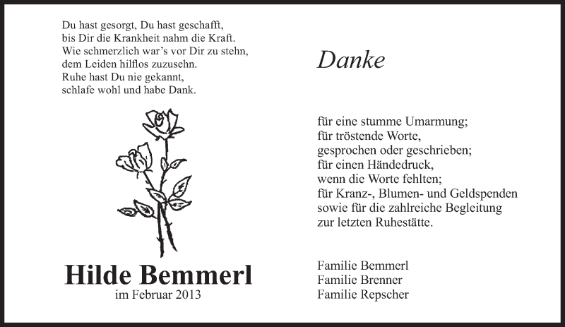  Traueranzeige für Hilde Bemmerl vom 13.02.2013 aus Eßlinger Zeitung/Cannstatter Zeitung