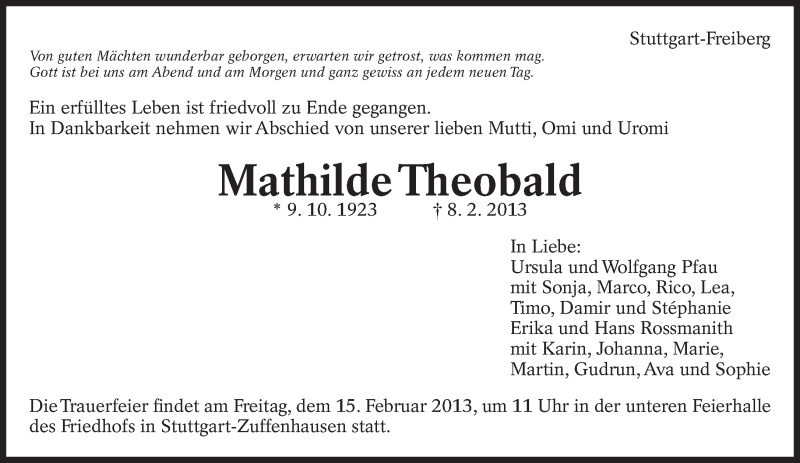  Traueranzeige für Mathilde Theobald vom 13.02.2013 aus Eßlinger Zeitung/Cannstatter Zeitung