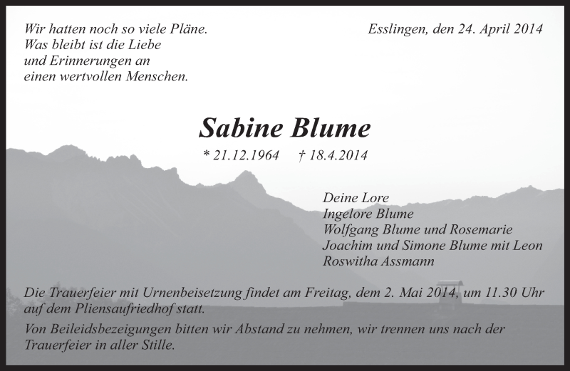  Traueranzeige für Sabine Blume vom 24.04.2014 aus Eßlinger Zeitung/Cannstatter Zeitung
