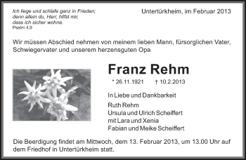 Traueranzeige von Franz Rehm von Eßlinger Zeitung/Cannstatter Zeitung