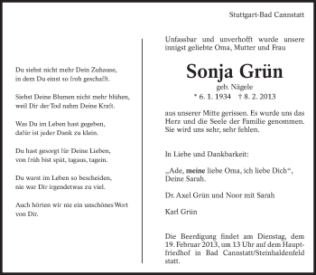 Traueranzeige von Sonja Grün von Eßlinger Zeitung/Cannstatter Zeitung