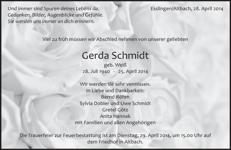  Traueranzeige für Gerda Schmidt vom 28.04.2014 aus Eßlinger Zeitung/Cannstatter Zeitung