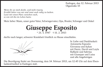 Traueranzeige von Giuseppe Esposito von Eßlinger Zeitung/Cannstatter Zeitung
