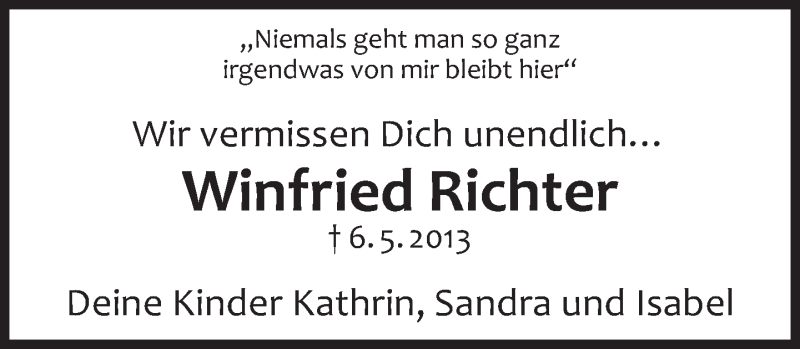  Traueranzeige für Winfried Richter vom 06.05.2014 aus Eßlinger Zeitung/Cannstatter Zeitung