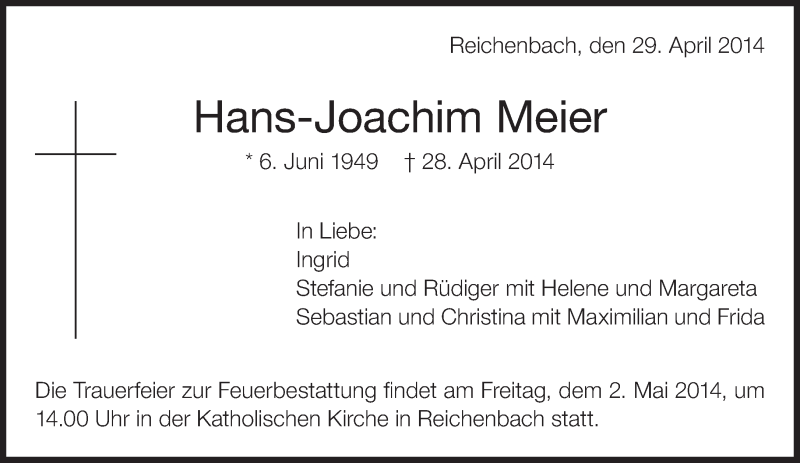  Traueranzeige für Hans-Joachim Meier vom 29.04.2014 aus Eßlinger Zeitung/Cannstatter Zeitung