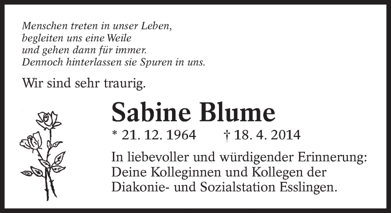  Traueranzeige für Sabine Blume vom 02.05.2014 aus Eßlinger Zeitung/Cannstatter Zeitung