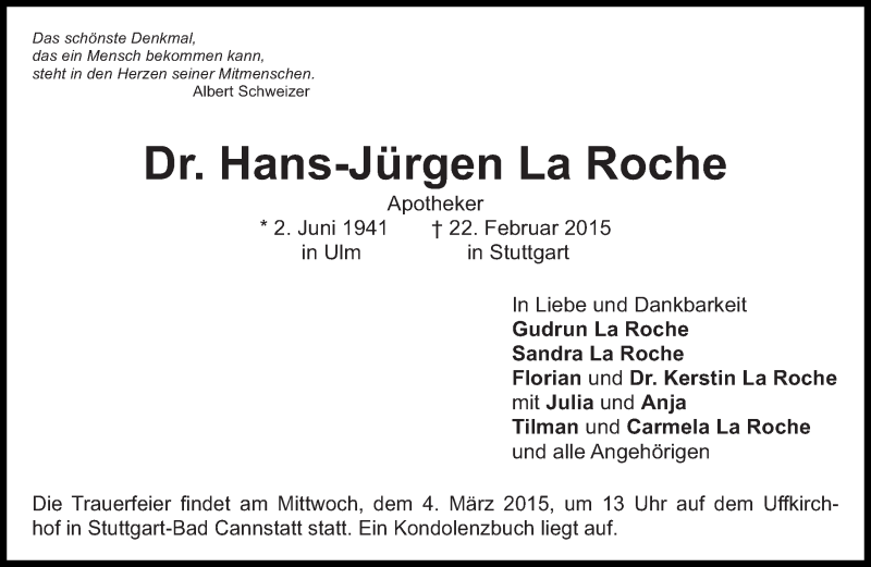  Traueranzeige für Hans-Jürgen La Roche vom 28.02.2015 aus Eßlinger Zeitung/Cannstatter Zeitung