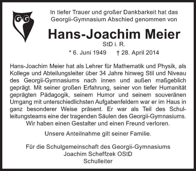  Traueranzeige für Hans-Joachim Meier vom 06.05.2014 aus Eßlinger Zeitung/Cannstatter Zeitung