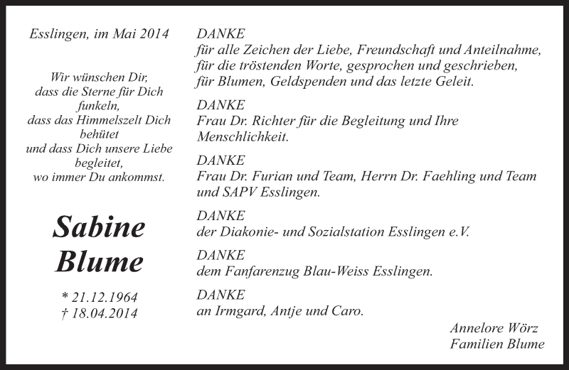  Traueranzeige für Sabine Blume vom 09.05.2014 aus Eßlinger Zeitung/Cannstatter Zeitung