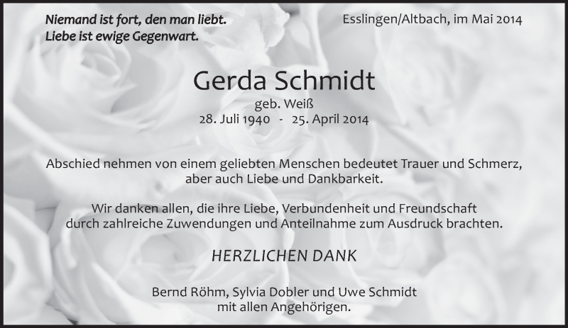  Traueranzeige für Gerda Schmidt vom 10.05.2014 aus Eßlinger Zeitung/Cannstatter Zeitung