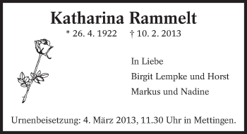 Traueranzeige von Katharina Rammelt von Eßlinger Zeitung/Cannstatter Zeitung