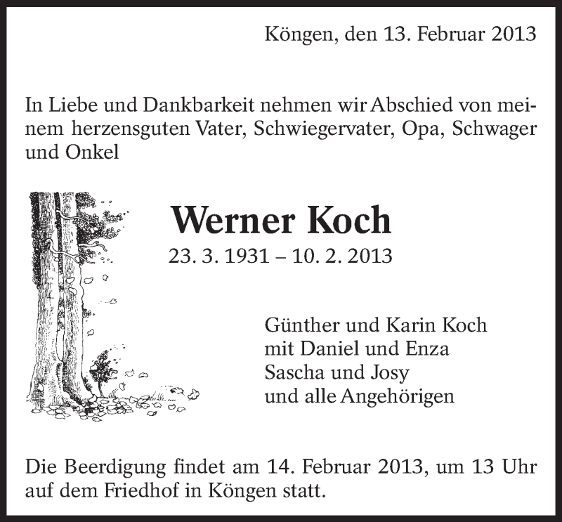  Traueranzeige für Werner Koch vom 13.02.2013 aus Eßlinger Zeitung/Cannstatter Zeitung
