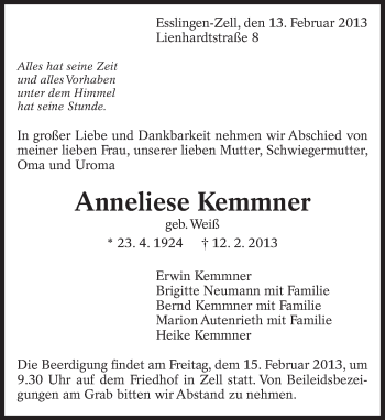 Traueranzeige von Anneliese Kemmner von Eßlinger Zeitung/Cannstatter Zeitung