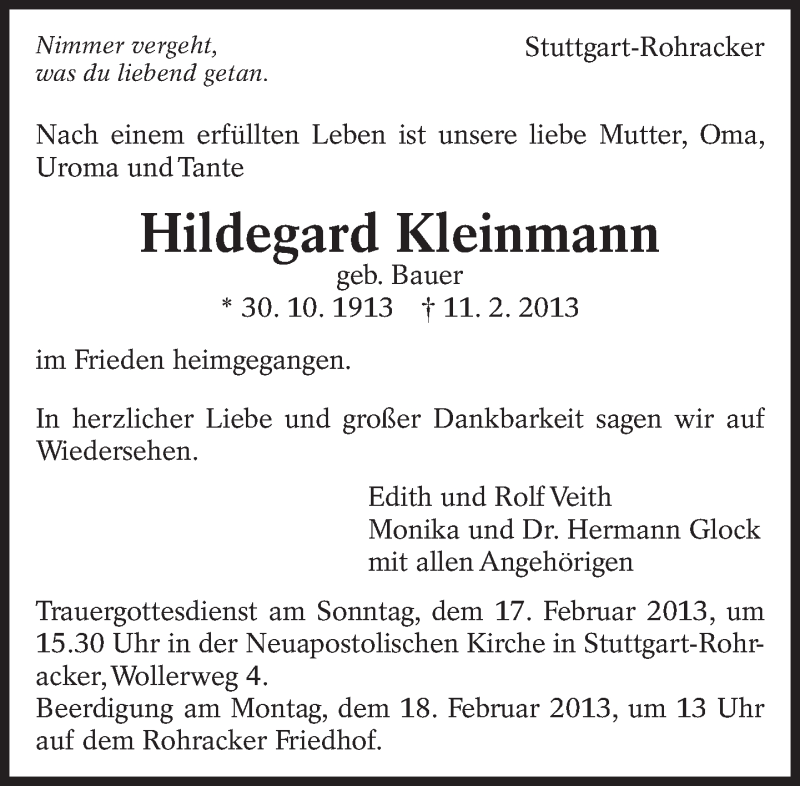  Traueranzeige für Hildegard Kleinmann vom 14.02.2013 aus Eßlinger Zeitung/Cannstatter Zeitung