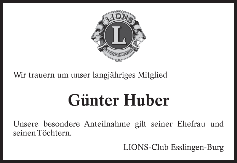  Traueranzeige für Günter Huber vom 24.05.2014 aus Eßlinger Zeitung/Cannstatter Zeitung