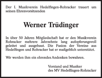 Traueranzeige von Werner Trüdinger von Eßlinger Zeitung/Cannstatter Zeitung