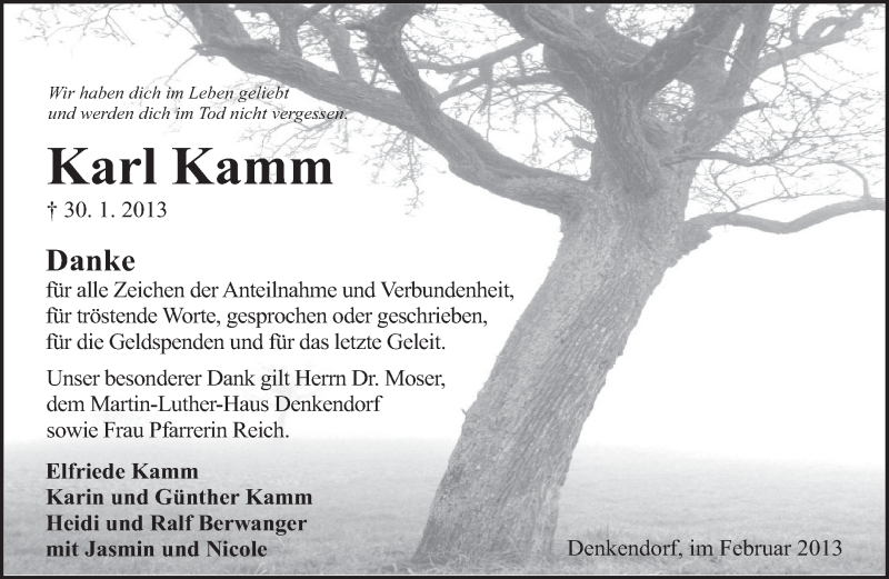  Traueranzeige für Karl Kamm vom 16.02.2013 aus Eßlinger Zeitung/Cannstatter Zeitung