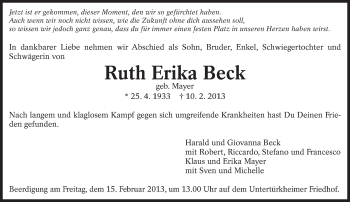 Traueranzeige von Ruth Erika Beck von Eßlinger Zeitung/Cannstatter Zeitung