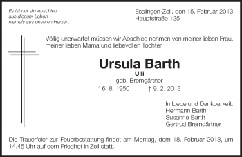 Traueranzeige von Ursula Barth von Eßlinger Zeitung/Cannstatter Zeitung