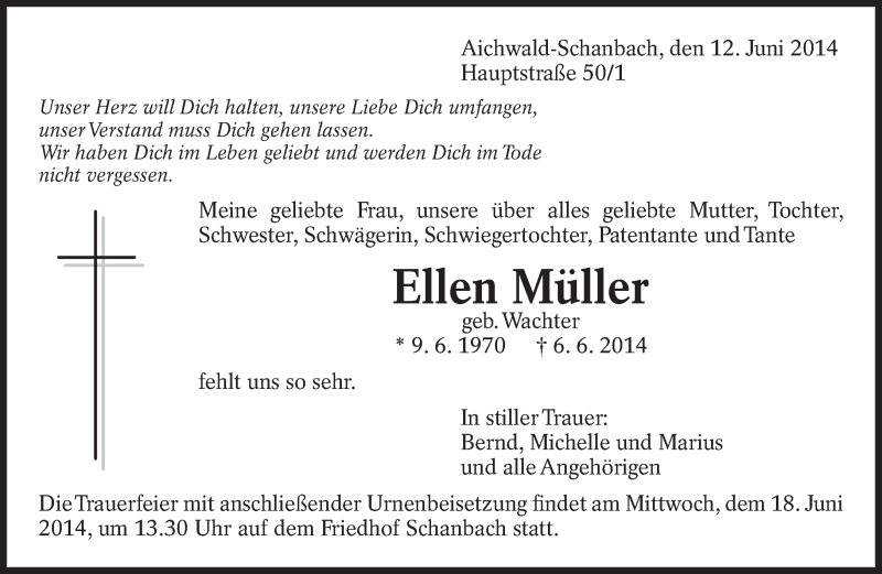  Traueranzeige für Ellen Müller vom 12.06.2014 aus Eßlinger Zeitung/Cannstatter Zeitung