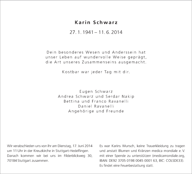  Traueranzeige für Karin Schwarz vom 14.06.2014 aus Eßlinger Zeitung/Cannstatter Zeitung
