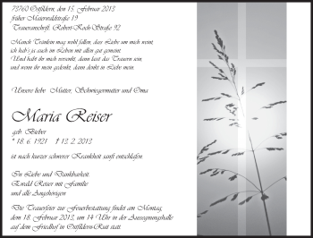 Traueranzeige von Maria Reiser von Eßlinger Zeitung/Cannstatter Zeitung