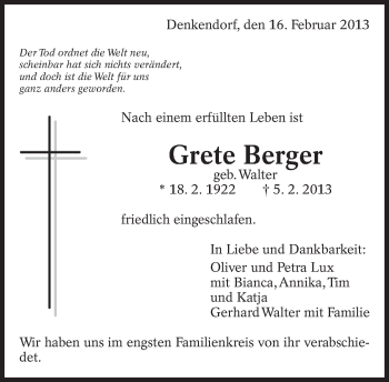 Traueranzeige von Grete Berger von Eßlinger Zeitung/Cannstatter Zeitung