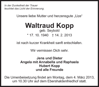 Traueranzeige von Waltraud Kopp von Eßlinger Zeitung/Cannstatter Zeitung